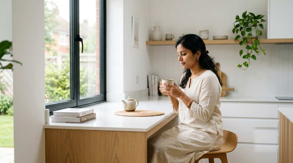 A mother pausing quietly with a cup of tea by the kitchen window