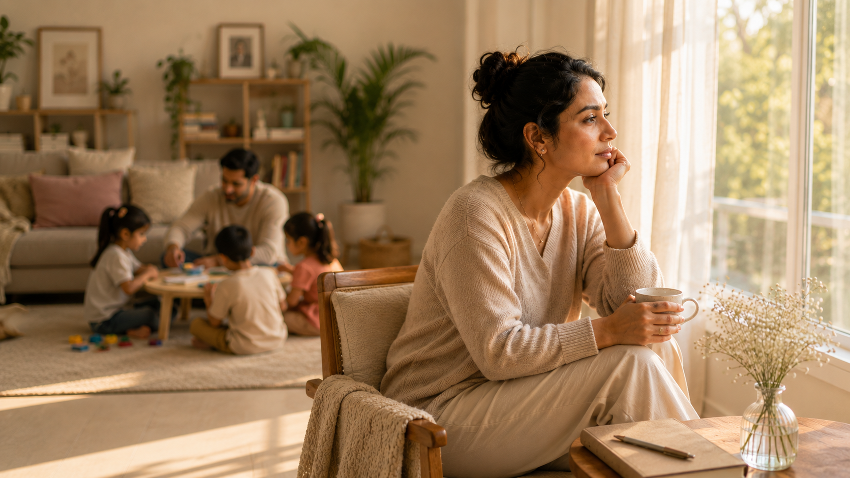 A mother sitting quietly by a window while her family plays in the background