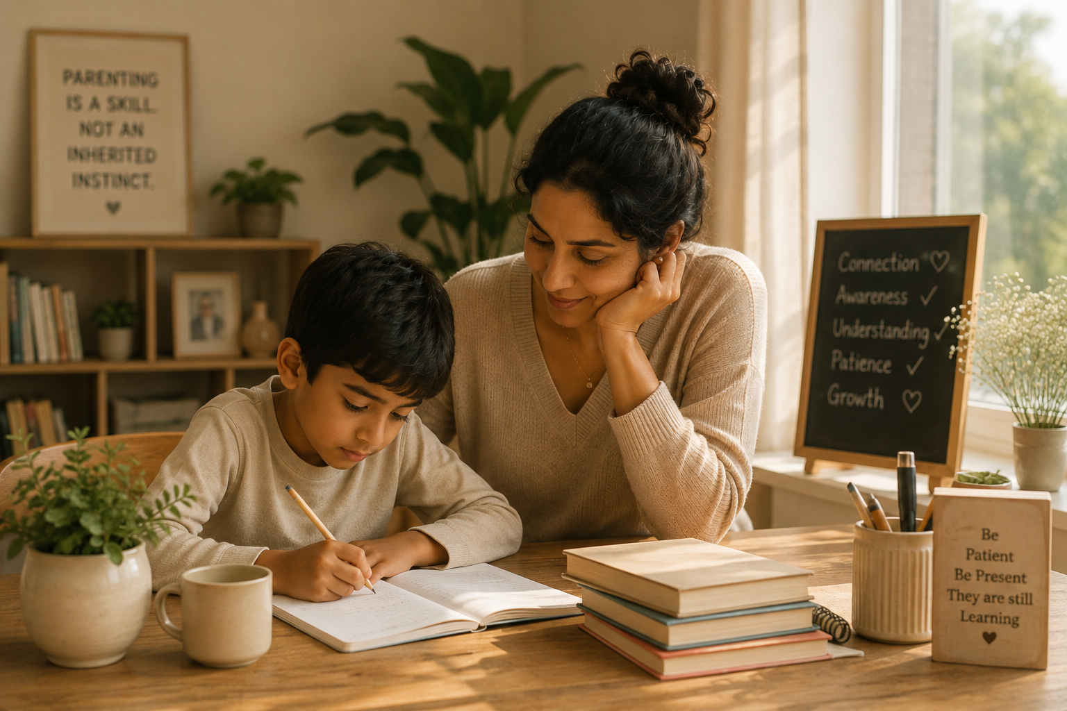 A mother sitting beside her young son at a sunlit desk while he writes in a notebook