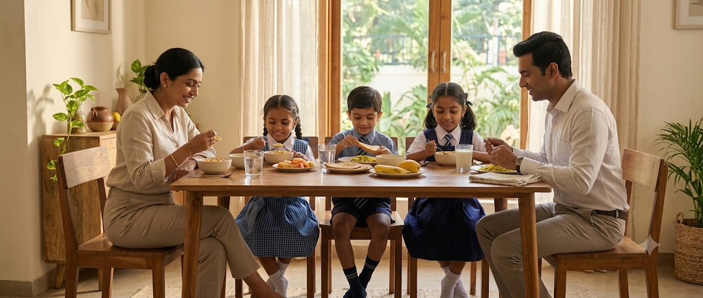 An Indian family enjoying breakfast together at the dining table